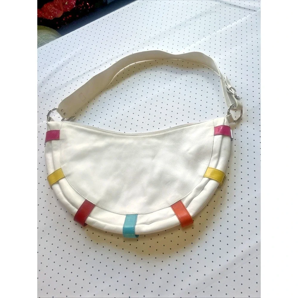 B. Berge Italy White Leather Rainbow Buckle Hobo Shoulder Bag Y2K Made in Italy